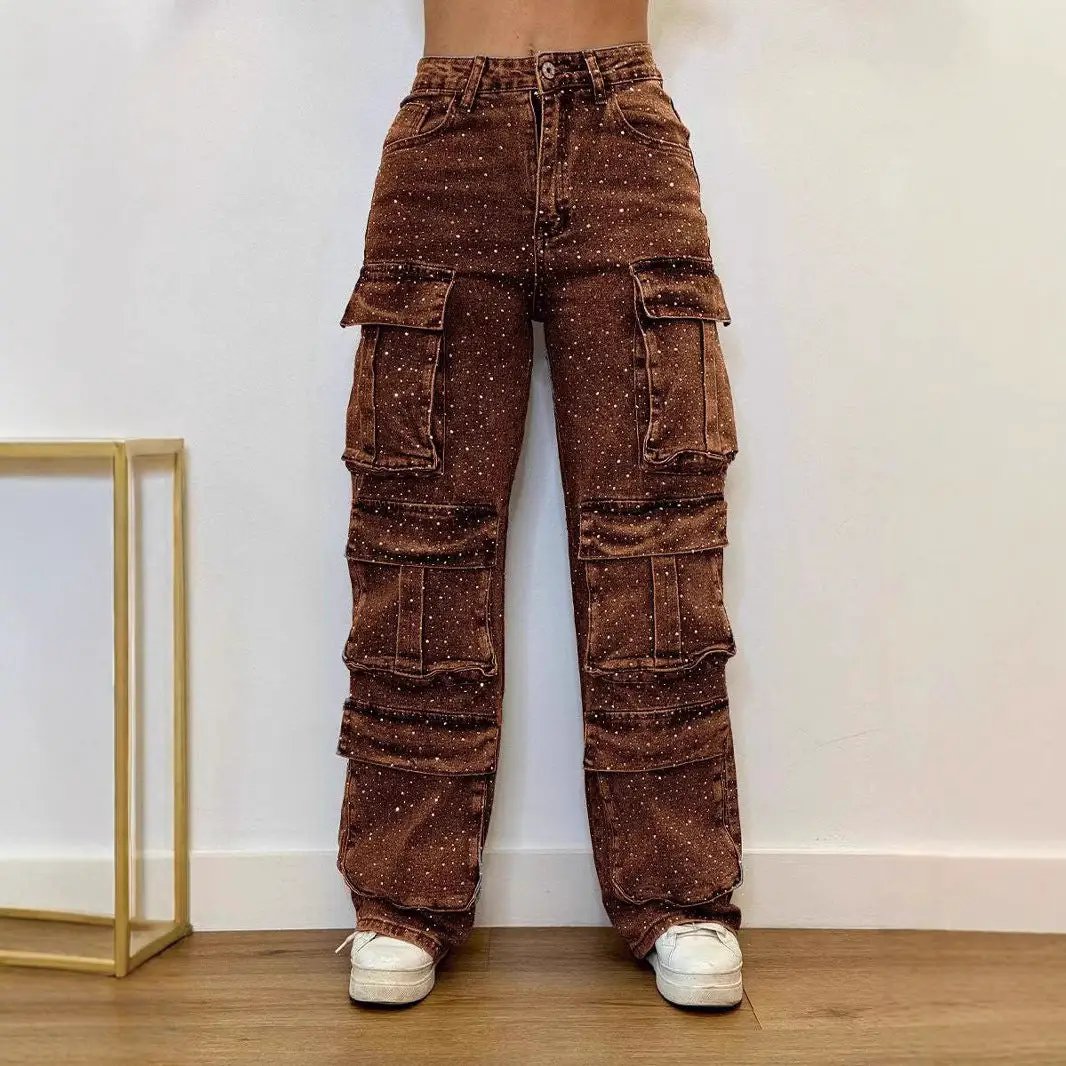 Women's brown speckled cargo jeans with multiple pocket compartments on Tampa Home & Garden Store