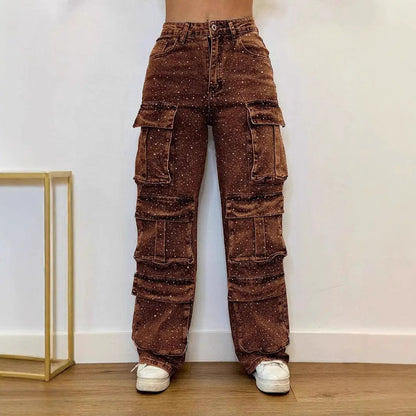 Women's brown speckled cargo jeans with multiple pocket compartments on Tampa Home & Garden Store