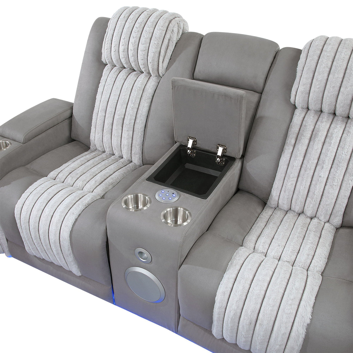 Power reclining loveseat with Bluetooth and sound; grey fabric with ribbed back cushions on Tampa Home & Garden Store