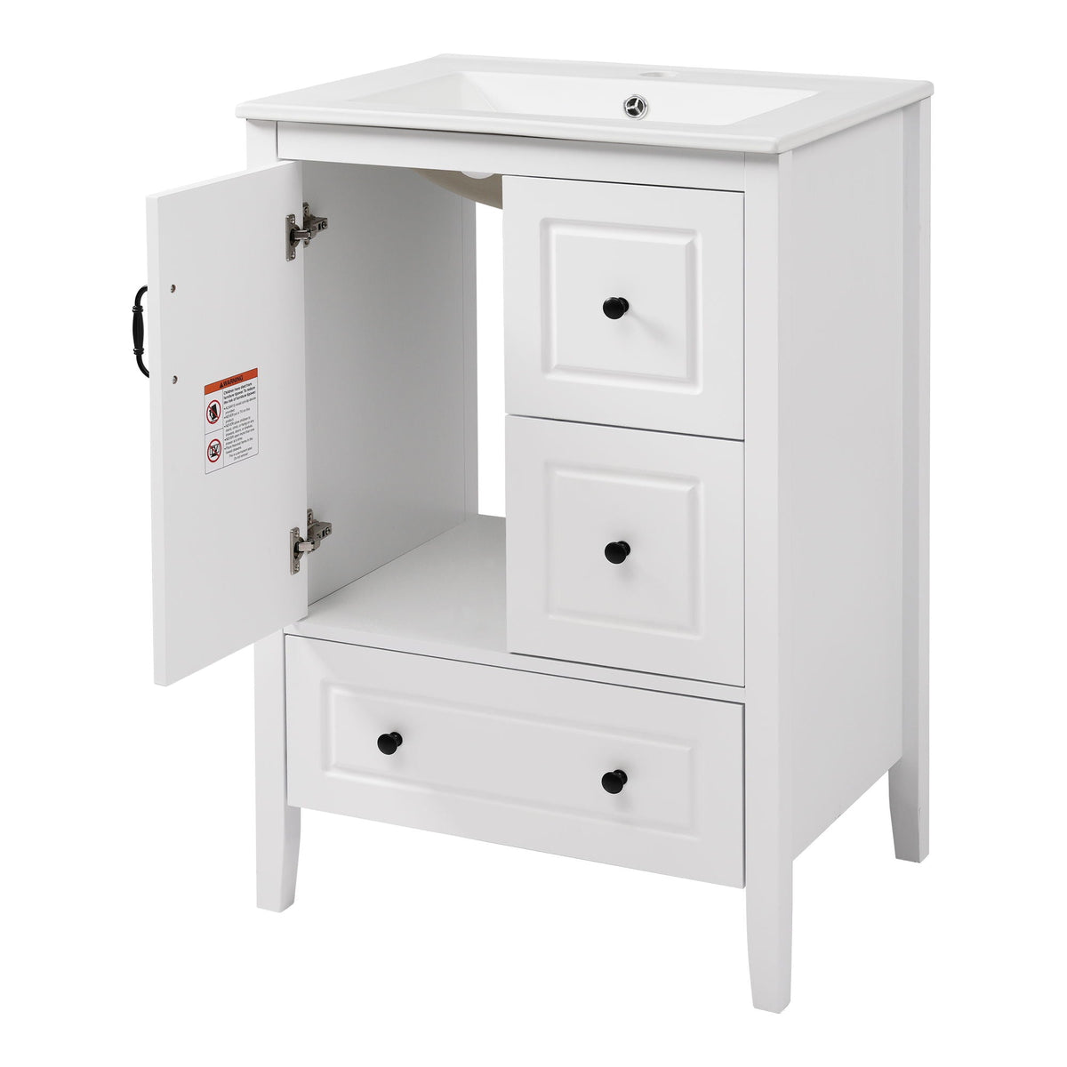 HouseOfZazla white retro vanity with ceramic sink, right 3-drawer unit and left cabinet on Tampa Home & Garden Store
