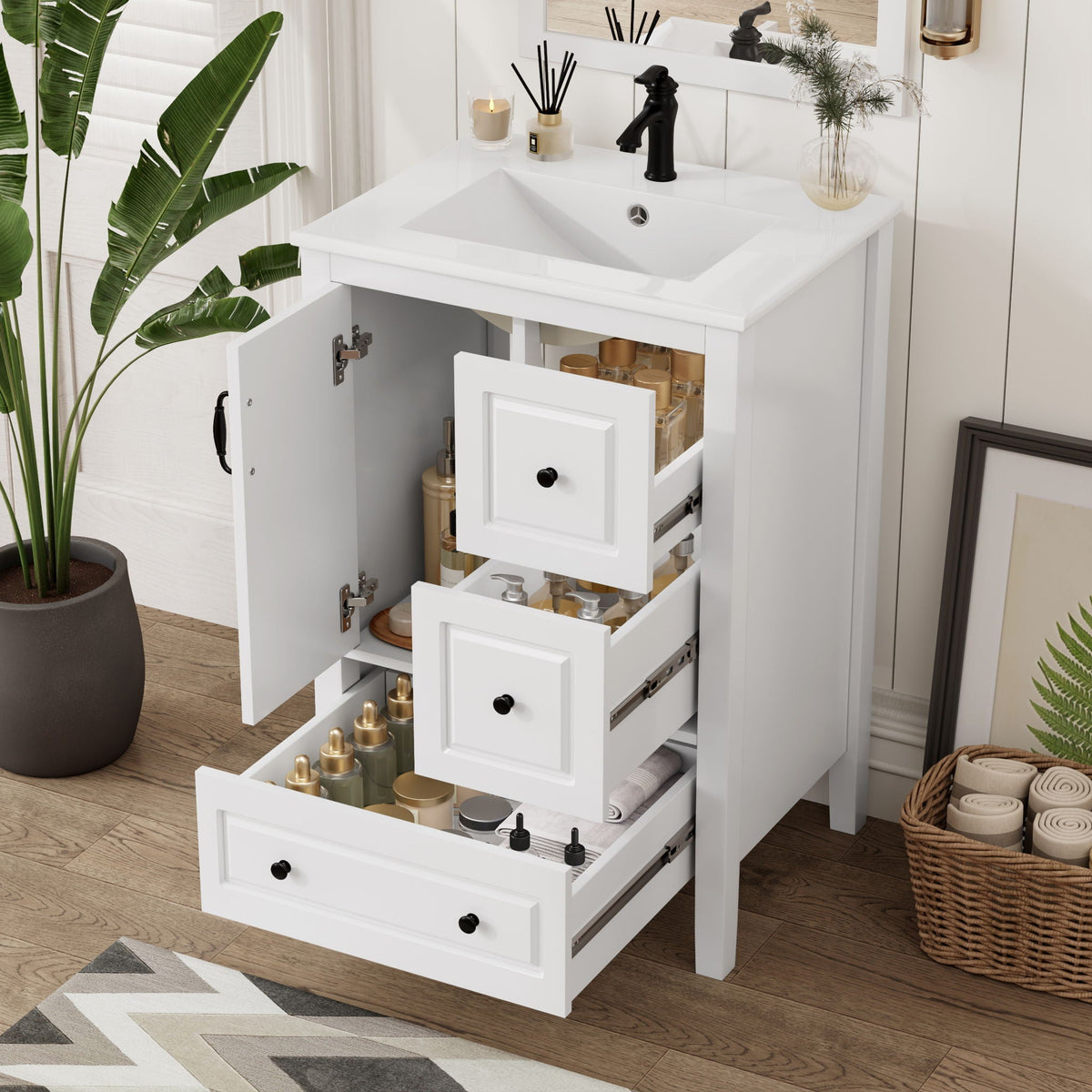 Retro bathroom vanity with ceramic sink, white and black faucet HouseOfZazla; 5 softclose drawers on Tampa Home & Garden Store