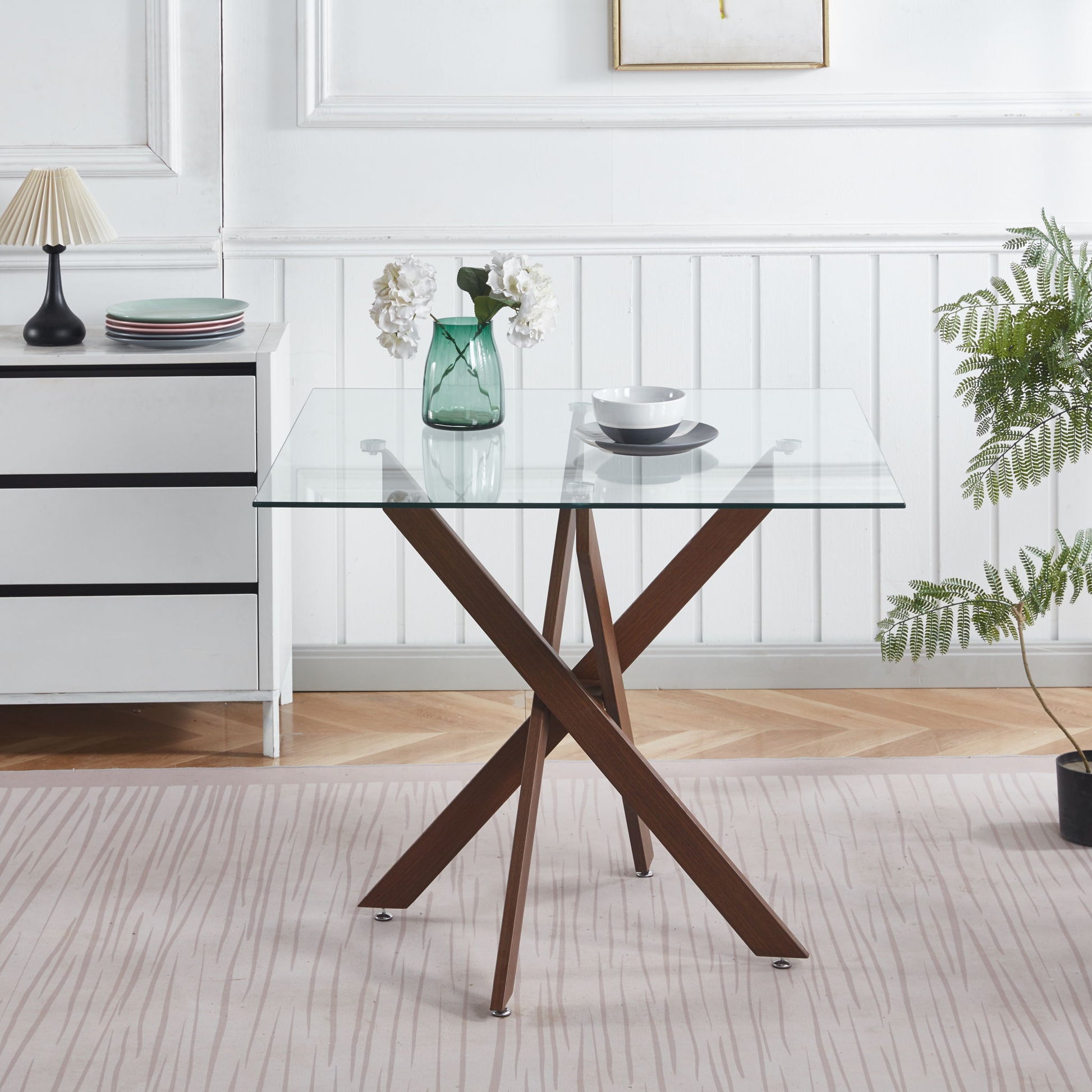 Dining table with tempered glass top and cross wooden legs, square table HouseOfZazla on Tampa Home & Garden Store