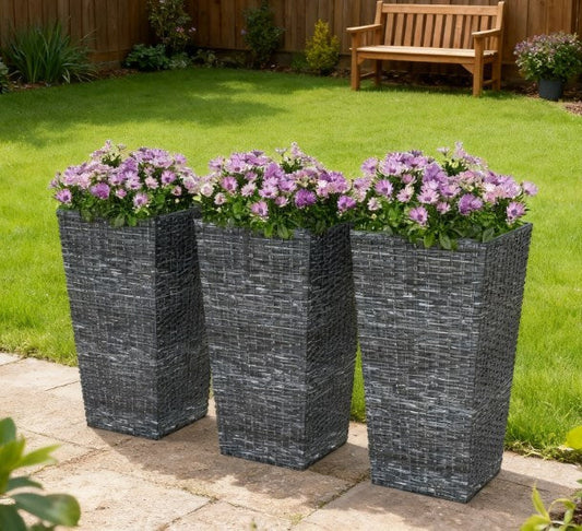 Taper Planters set of 3 by HouseOfZazla with drainage holes, gray woven pots, purple blooms on Tampa Home & Garden Store