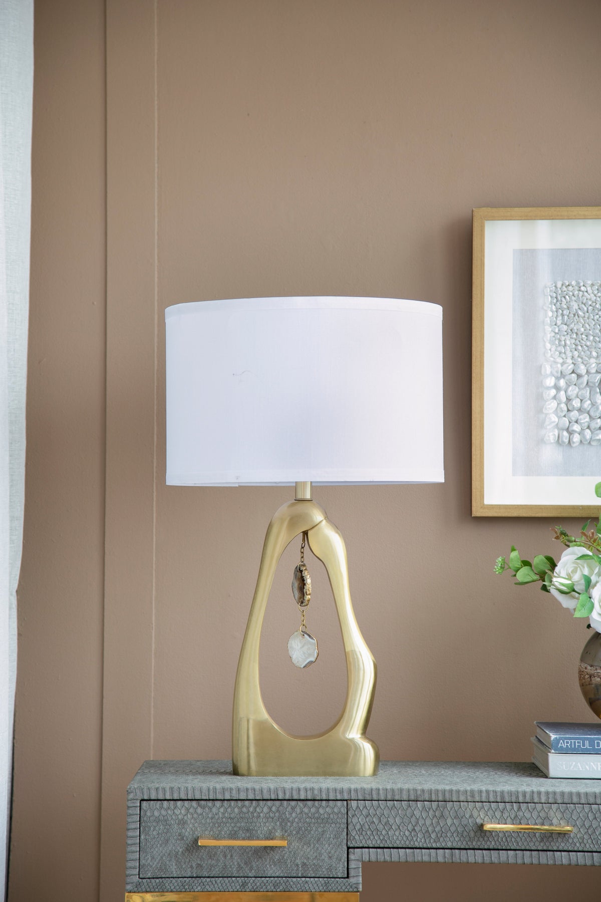 Geode-inspired gold aluminum table lamp with white shade and crystal accents HouseOfZazla on Tampa Home & Garden Store