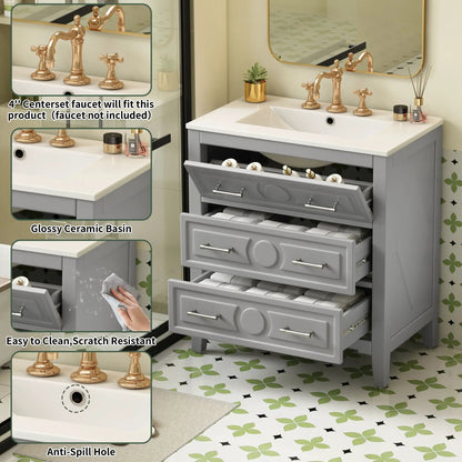 Retro bathroom vanity with glossy basin gray freestanding cabinet with 3 drawers on Tampa Home & Garden Store