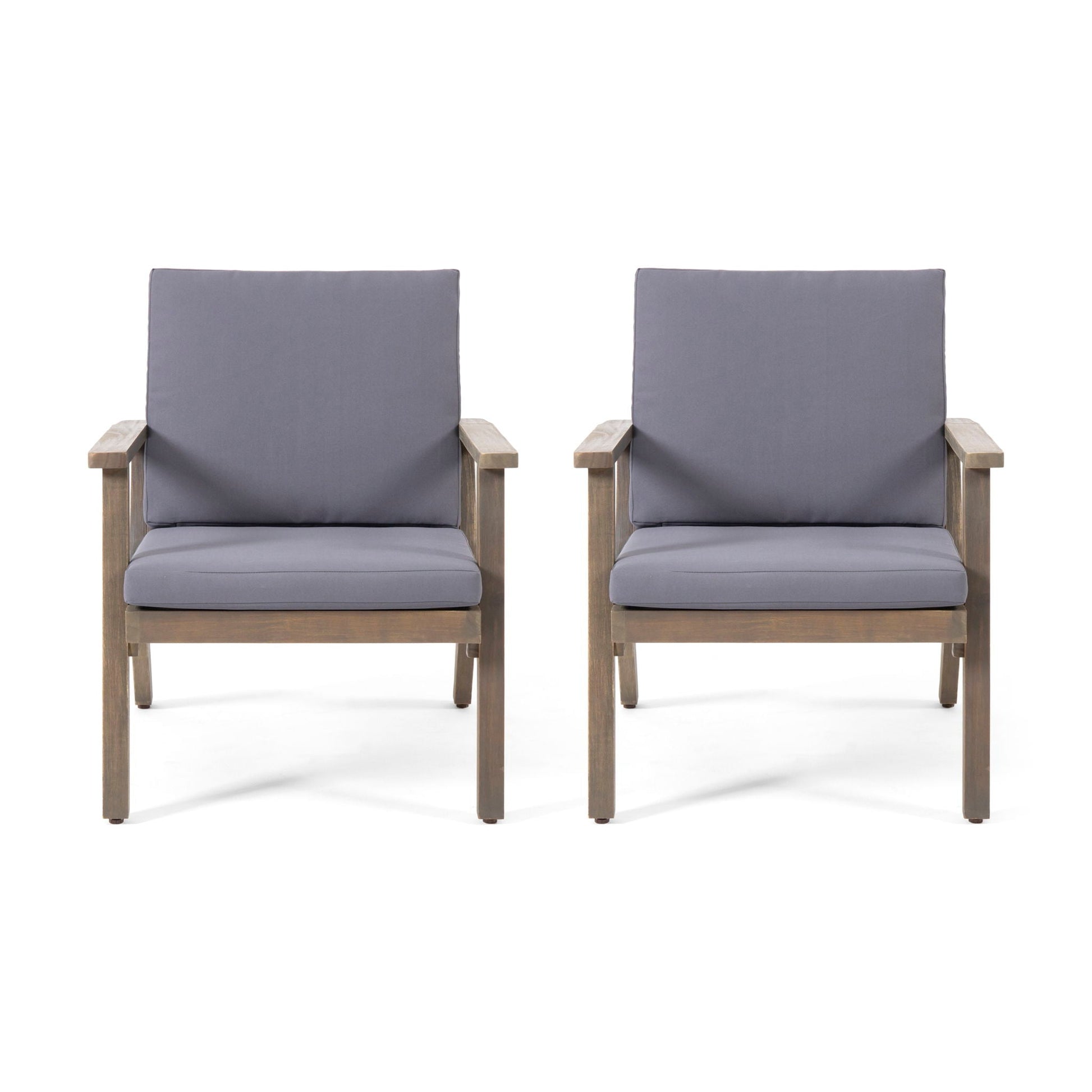 Outdoor Club Chair with Cushion pair in gray fabric on wood frames HouseOfZazla Outdoor Chairs on Tampa Home & Garden Store