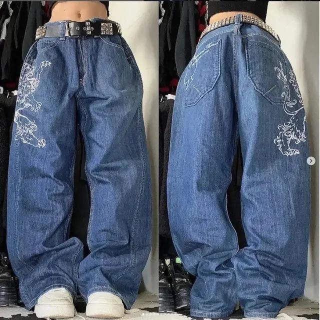 Blue denim high waist retro wide-leg jeans with white embroidery and studded belt FLIPSTYLEZLLC on Tampa Home & Garden Store