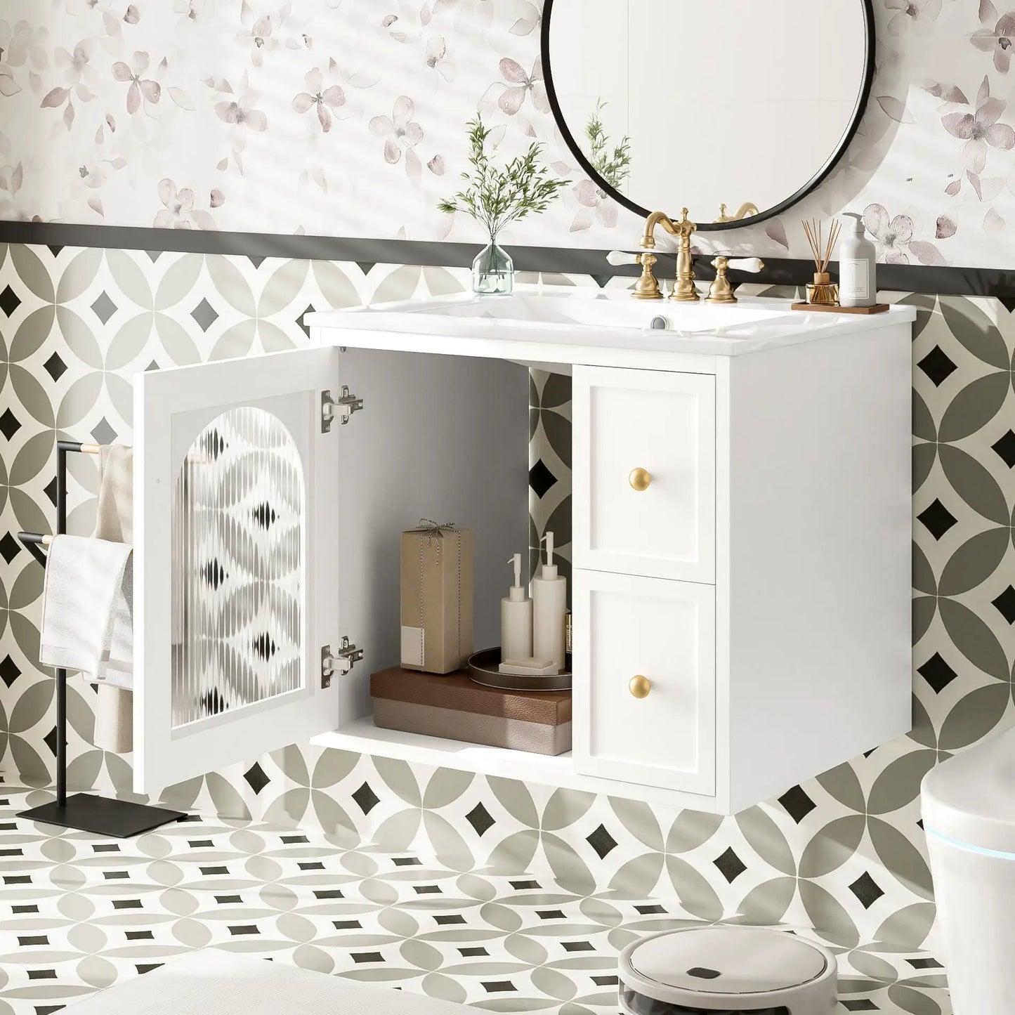 Wall-mounted white vanity with sink, 2 drawers, soft-close door, brass faucet on Tampa Home & Garden Store