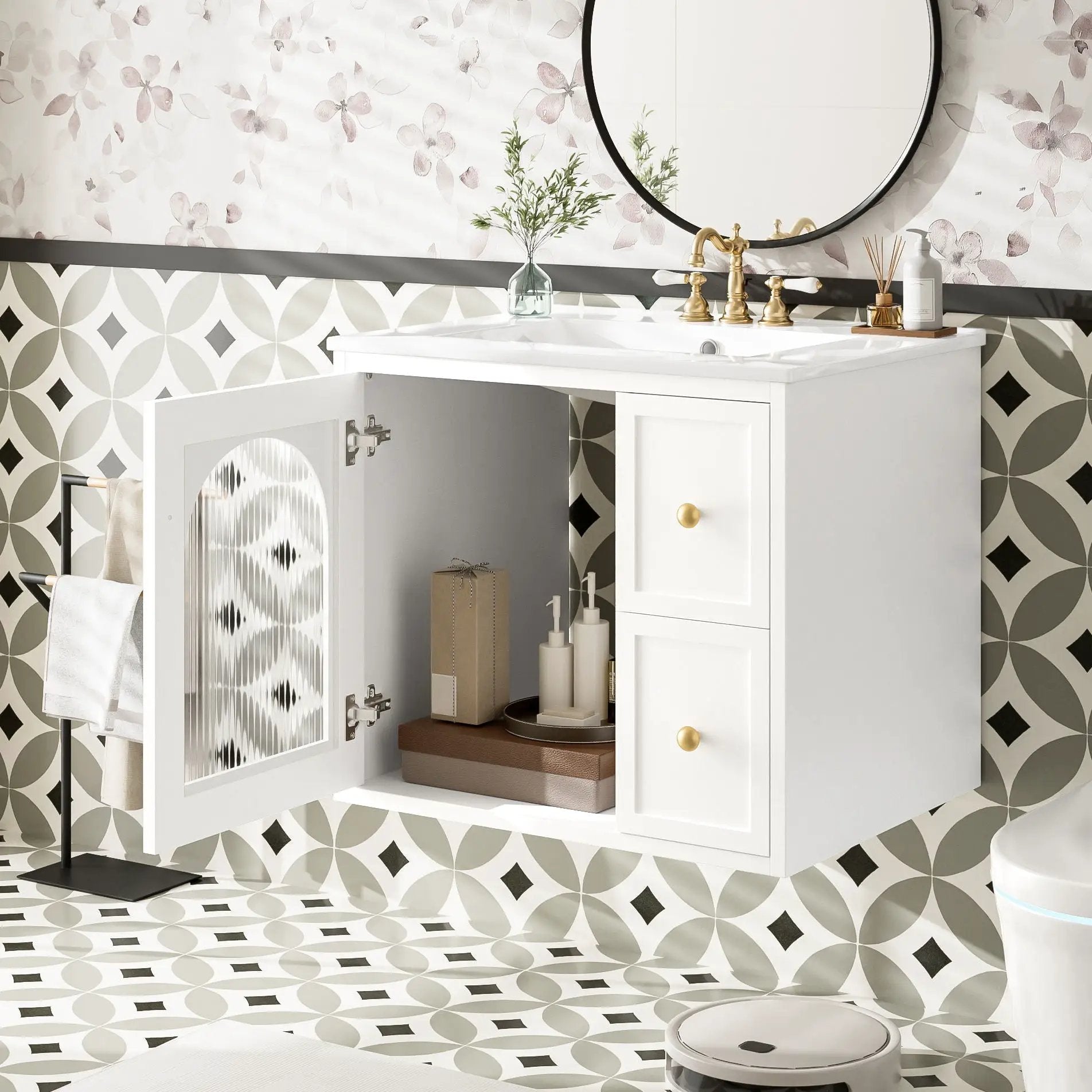 Wall-mounted white vanity with sink, 2 drawers, soft-close door, brass faucet on Tampa Home & Garden Store