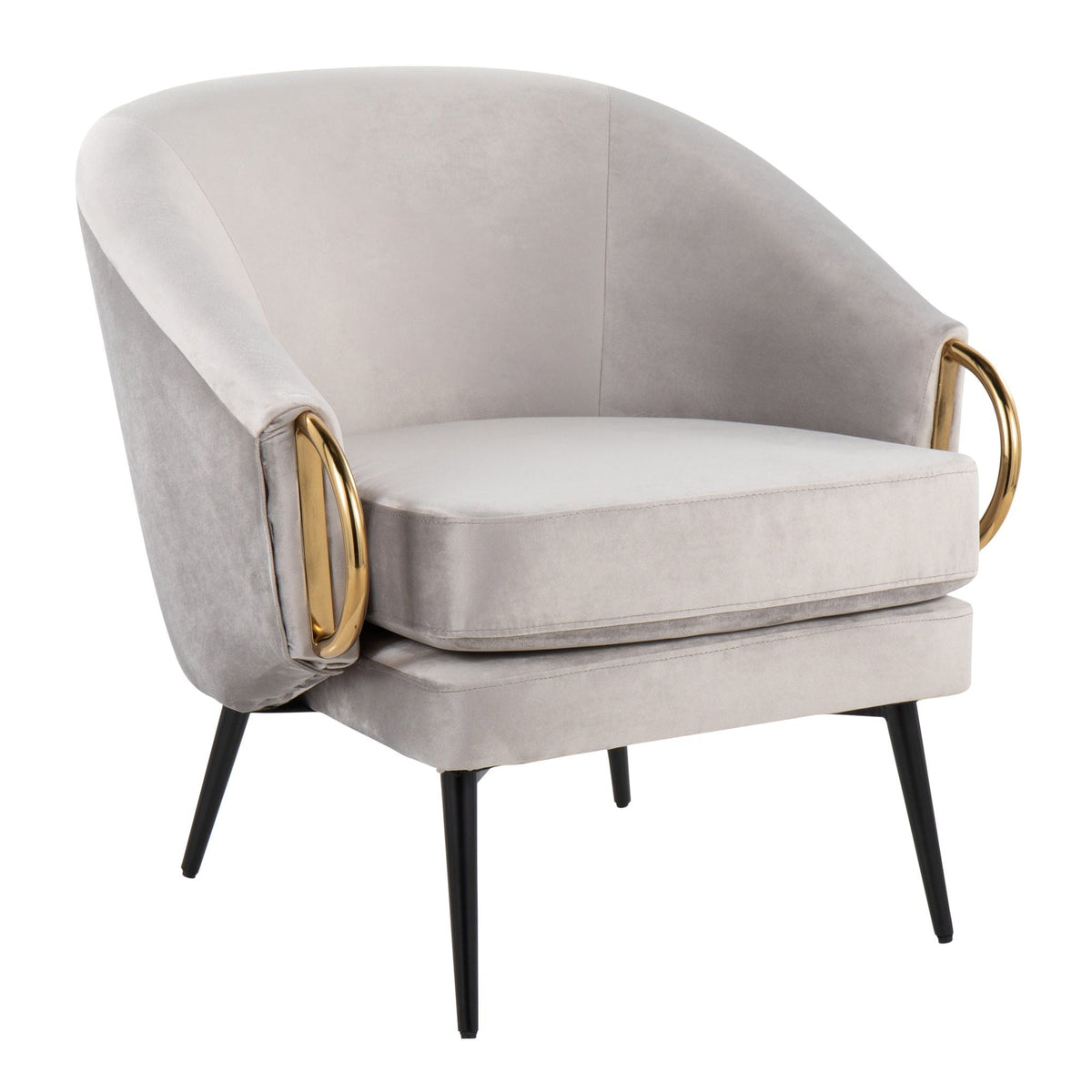 Contemporary Glam Velvet Accent Chair with silver upholstery and gold ring arms on Tampa Home & Garden Store