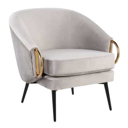 Contemporary Glam Velvet Accent Chair with silver upholstery and gold ring arms on Tampa Home & Garden Store