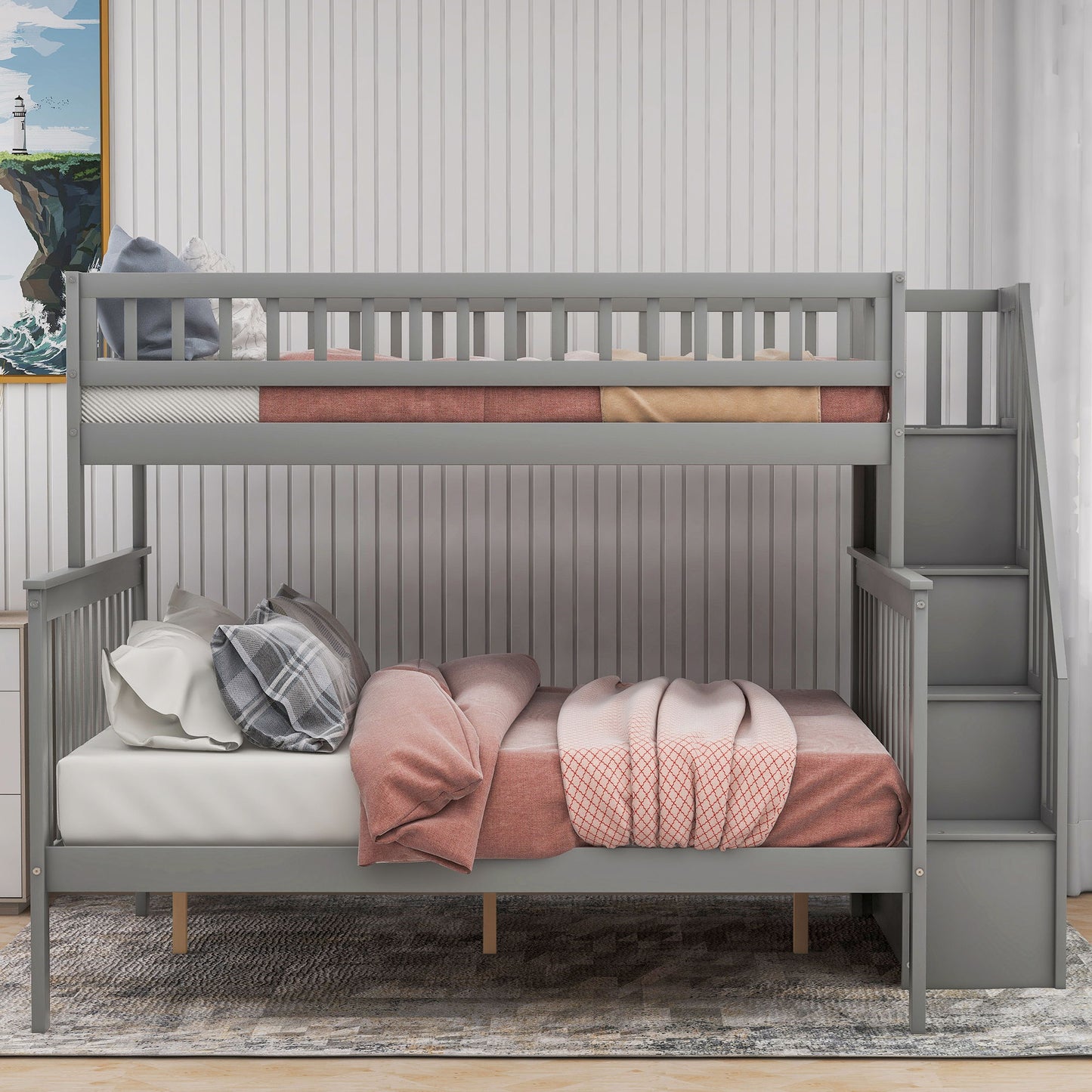 Bunk Bed With Staircase gray by HouseOfZazla featuring pink top bunk and plaid bottom bunk on Tampa Home & Garden Store