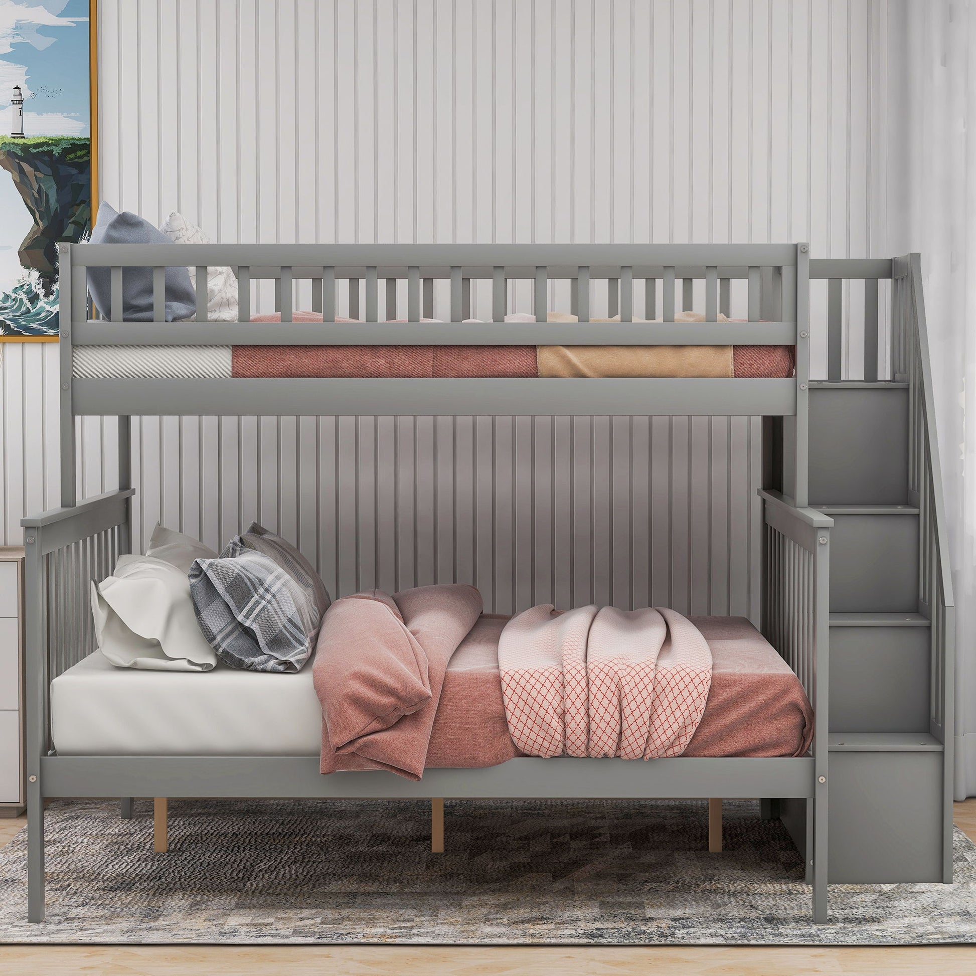 Bunk Bed With Staircase gray by HouseOfZazla featuring pink top bunk and plaid bottom bunk on Tampa Home & Garden Store