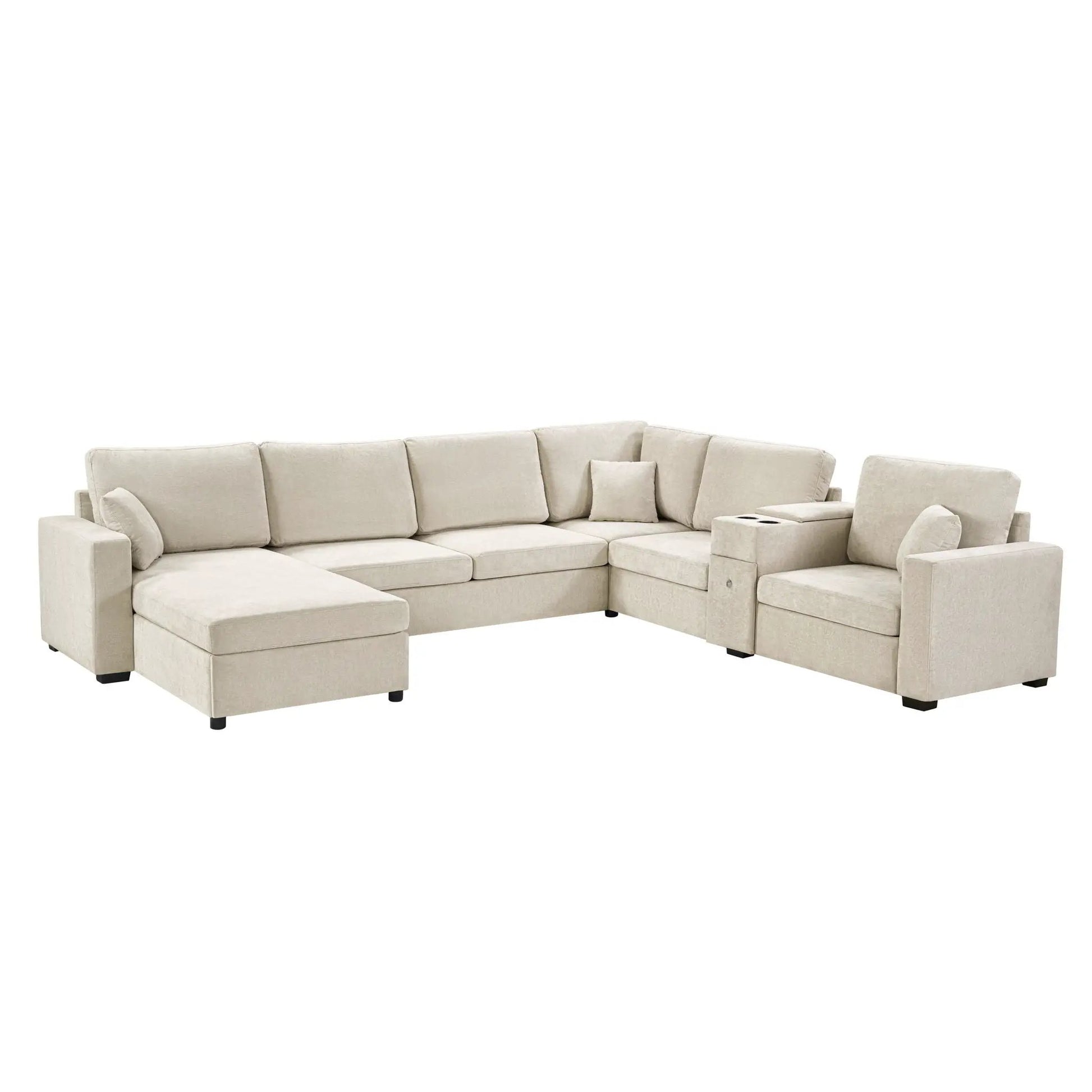 Beige modular 5-seat U-shaped sectional sofa with chaise, cup holders and storage drawer on Tampa Home & Garden Store