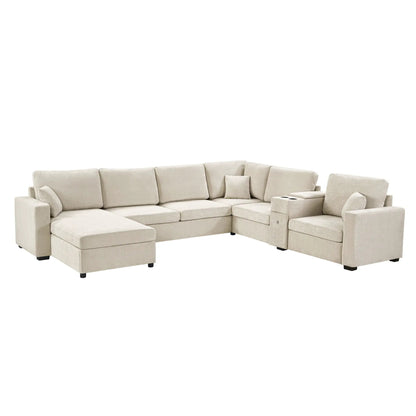 Beige modular 5-seat U-shaped sectional sofa with chaise, cup holders and storage drawer on Tampa Home & Garden Store