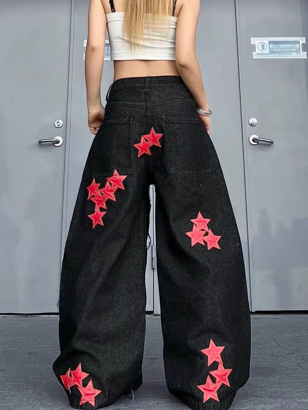 Womens American-style Washed Patch Jeans black denim wide-leg with pink star patches on legs on Tampa Home & Garden Store