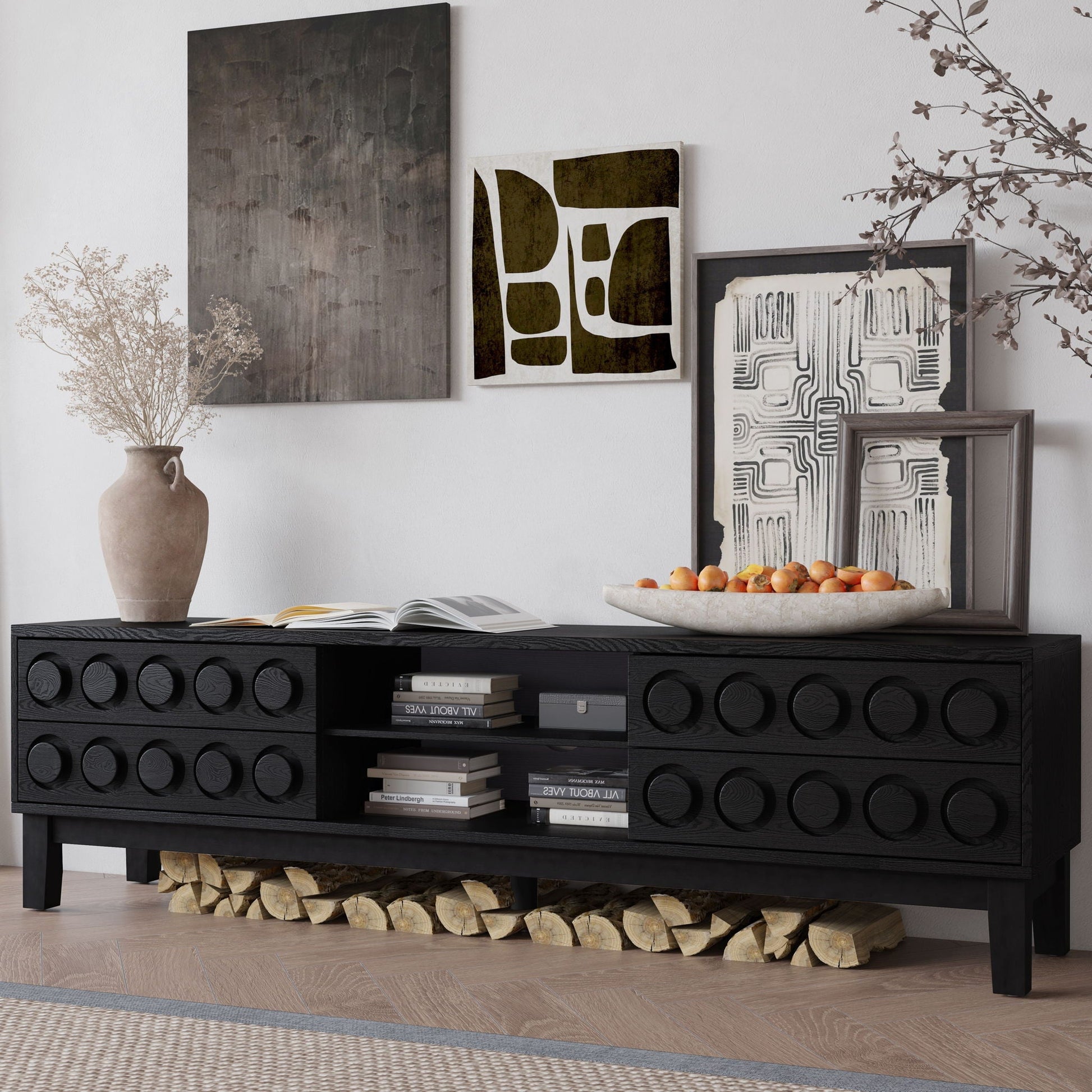 Media console TV stand HouseOfZazla with 4 drawers and cable management, black wood finish on Tampa Home & Garden Store