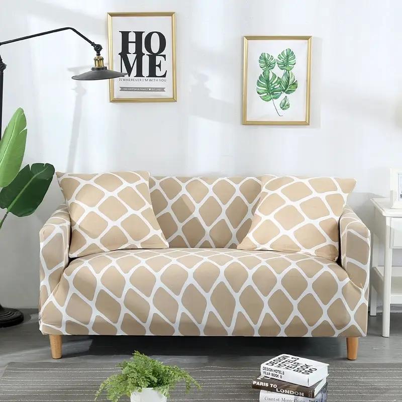 Sofa Cover Elastic All-inclusive Full Cover beige with white lattice; two cushions FLIPSTYLEZLLC on Tampa Home & Garden Store