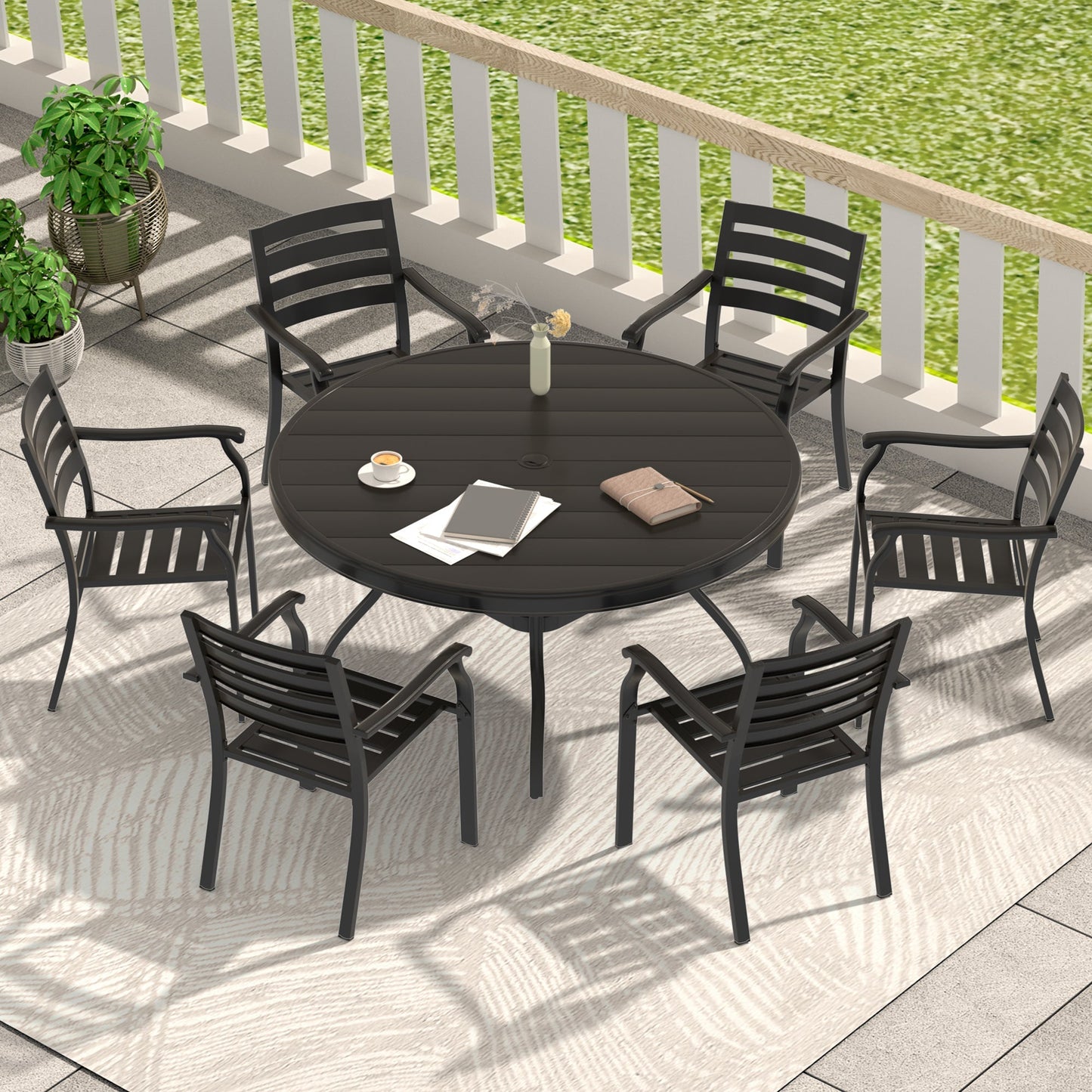 7-Piece Outdoor Patio Dining Set with round black table and six chairs by HouseOfZazla on Tampa Home & Garden Store