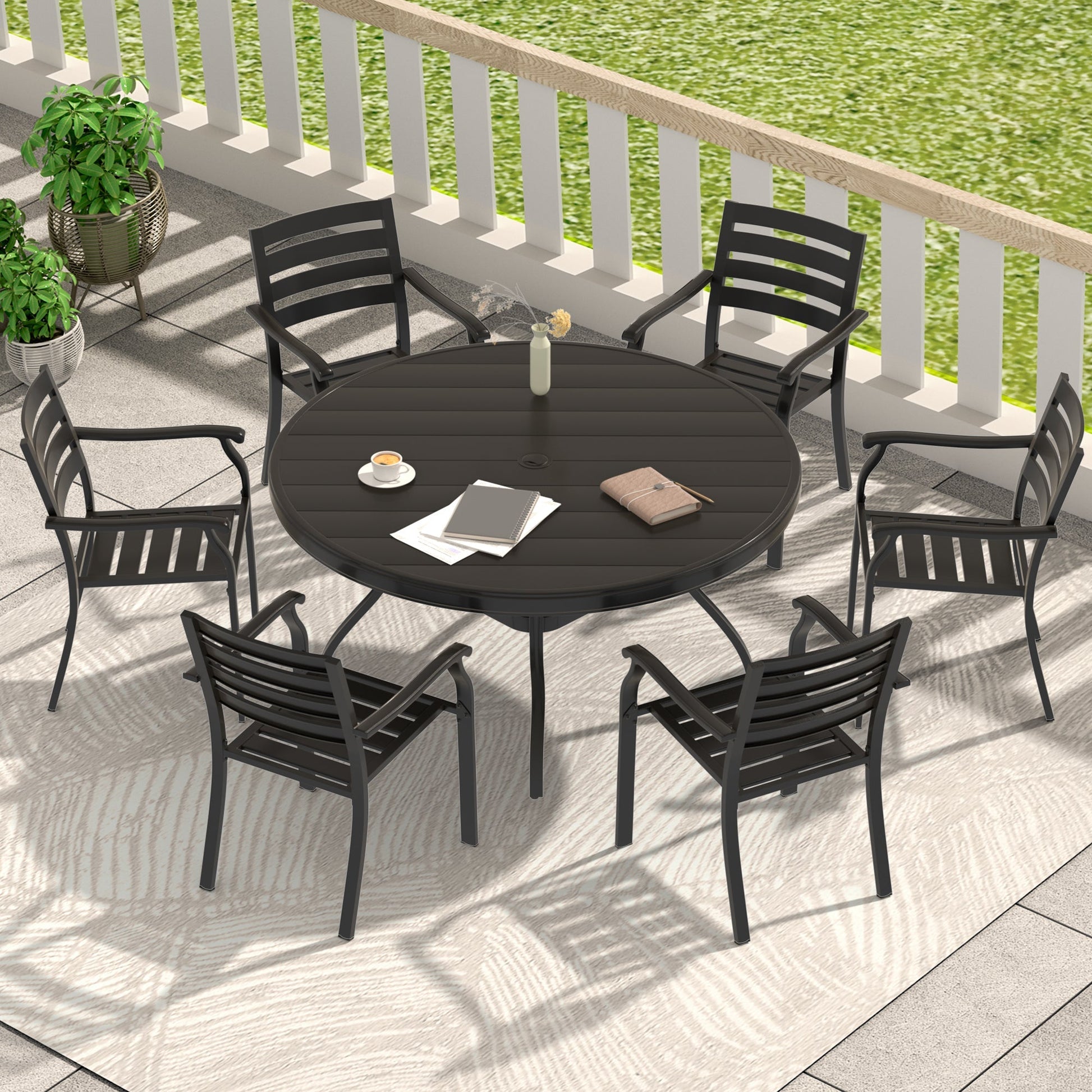 7-Piece Outdoor Patio Dining Set with round black table and six chairs by HouseOfZazla on Tampa Home & Garden Store