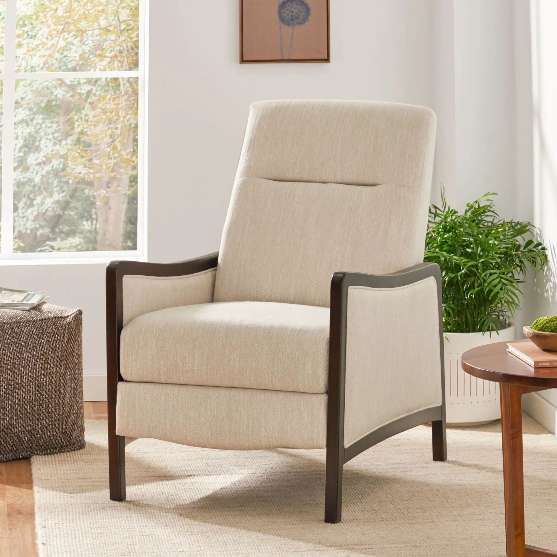 Drury Contemporary Fabric Upholstered Pushback Recliner beige fabric with dark wood arms on Tampa Home & Garden Store