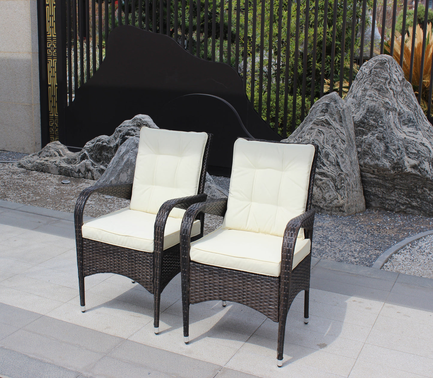 2-Piece Liberatore Dining Chairs by HouseOfZazla with beige cushions in dark wicker on Tampa Home & Garden Store