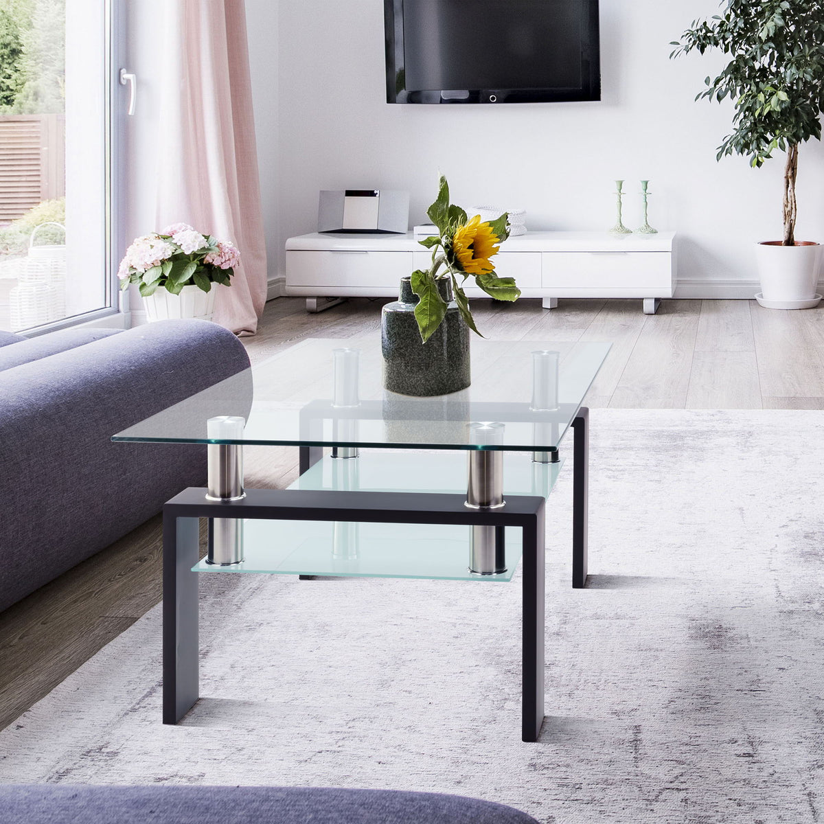 HouseOfZazla coffee table with tempered glass top in dark brown finish on metal legs on Tampa Home & Garden Store