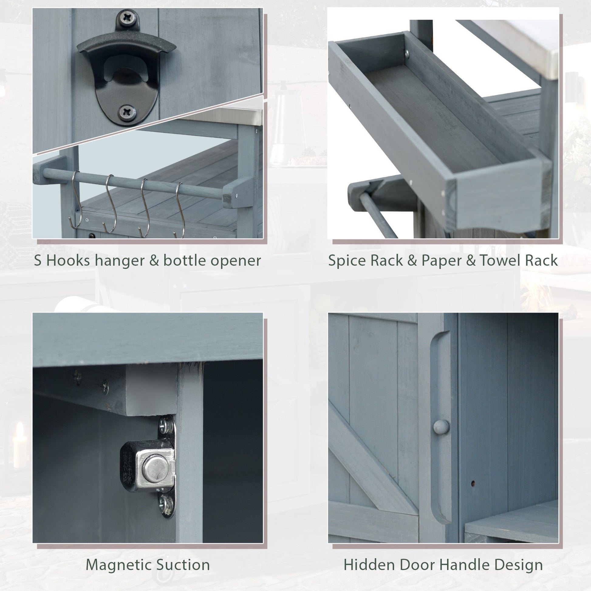 K&K Outdoor Kitchen Island gray wood finish with rolling bar cart & storage cabinet on Tampa Home & Garden Store
