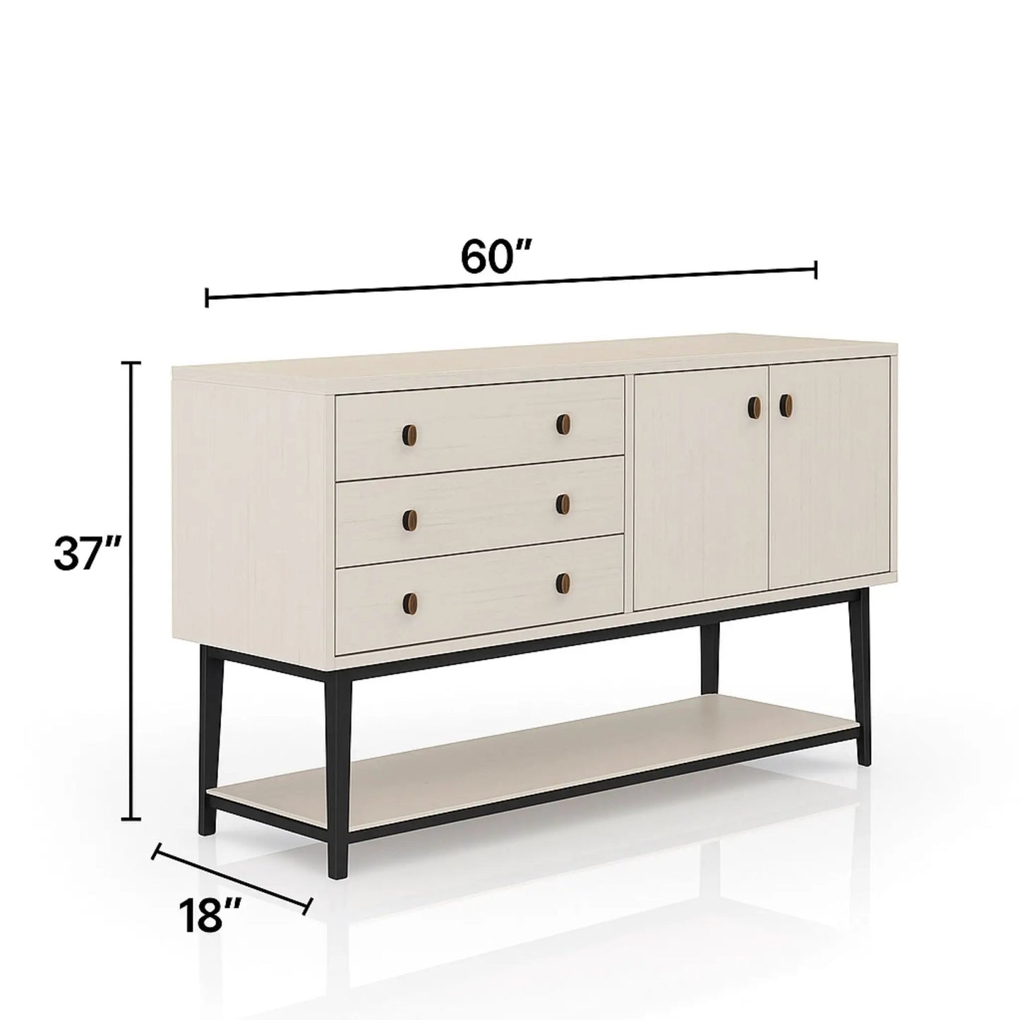 Server With Base - White, 60in wide, drawers with dark wood knobs, black metal base on Tampa Home & Garden Store