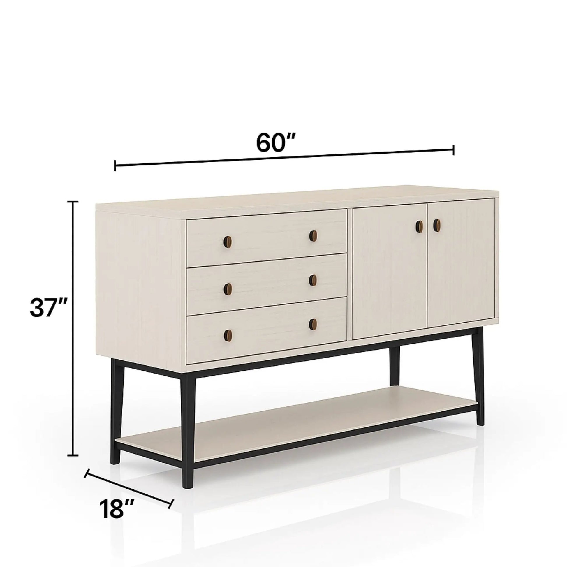 Server With Base - White, 60in wide, drawers with dark wood knobs, black metal base on Tampa Home & Garden Store