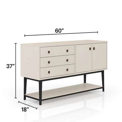 Server With Base - White, 60in wide, drawers with dark wood knobs, black metal base on Tampa Home & Garden Store