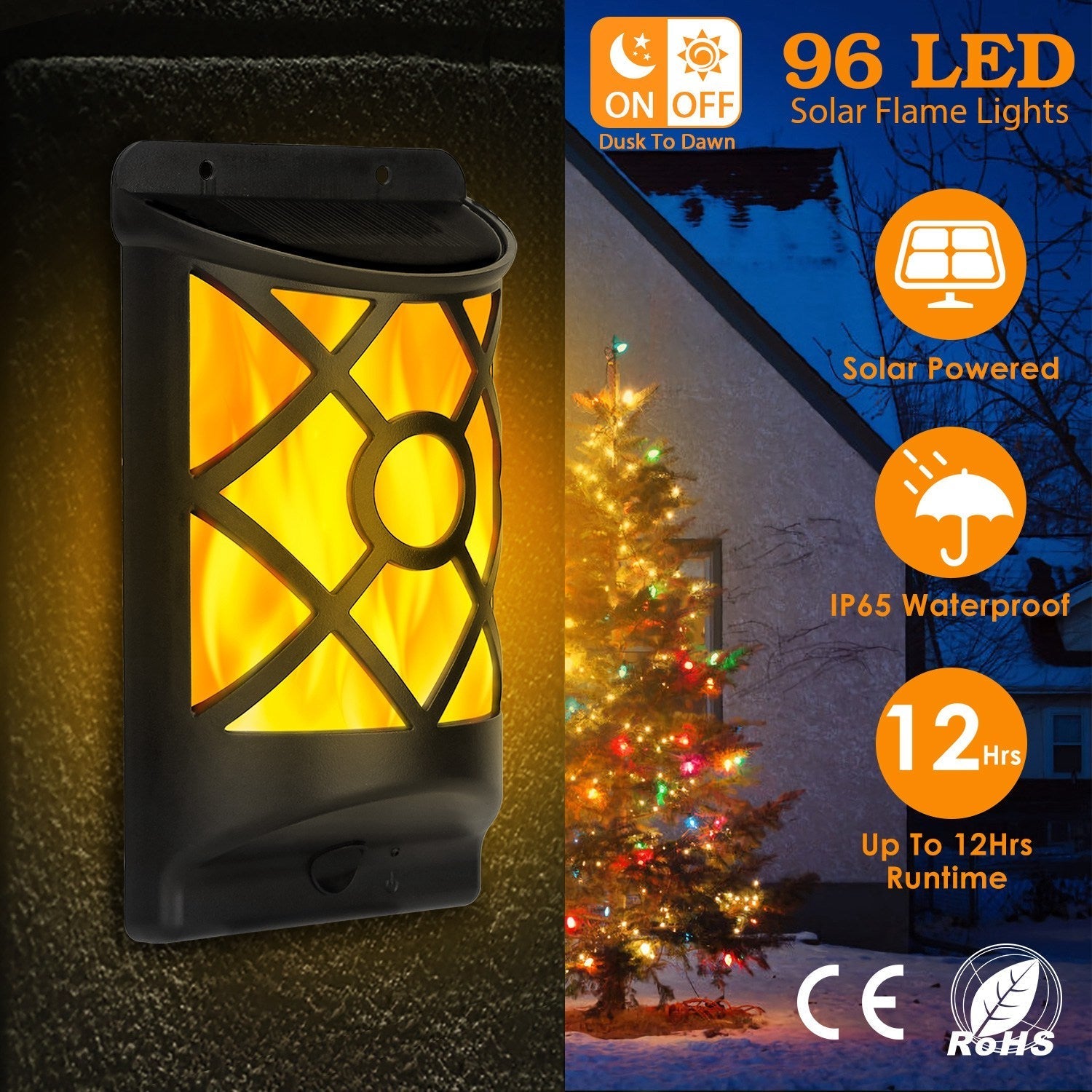 Flame Solar Wall Light with lattice frame, warm amber glow, 96 LEDs, GBruno Store on Tampa Home & Garden Store