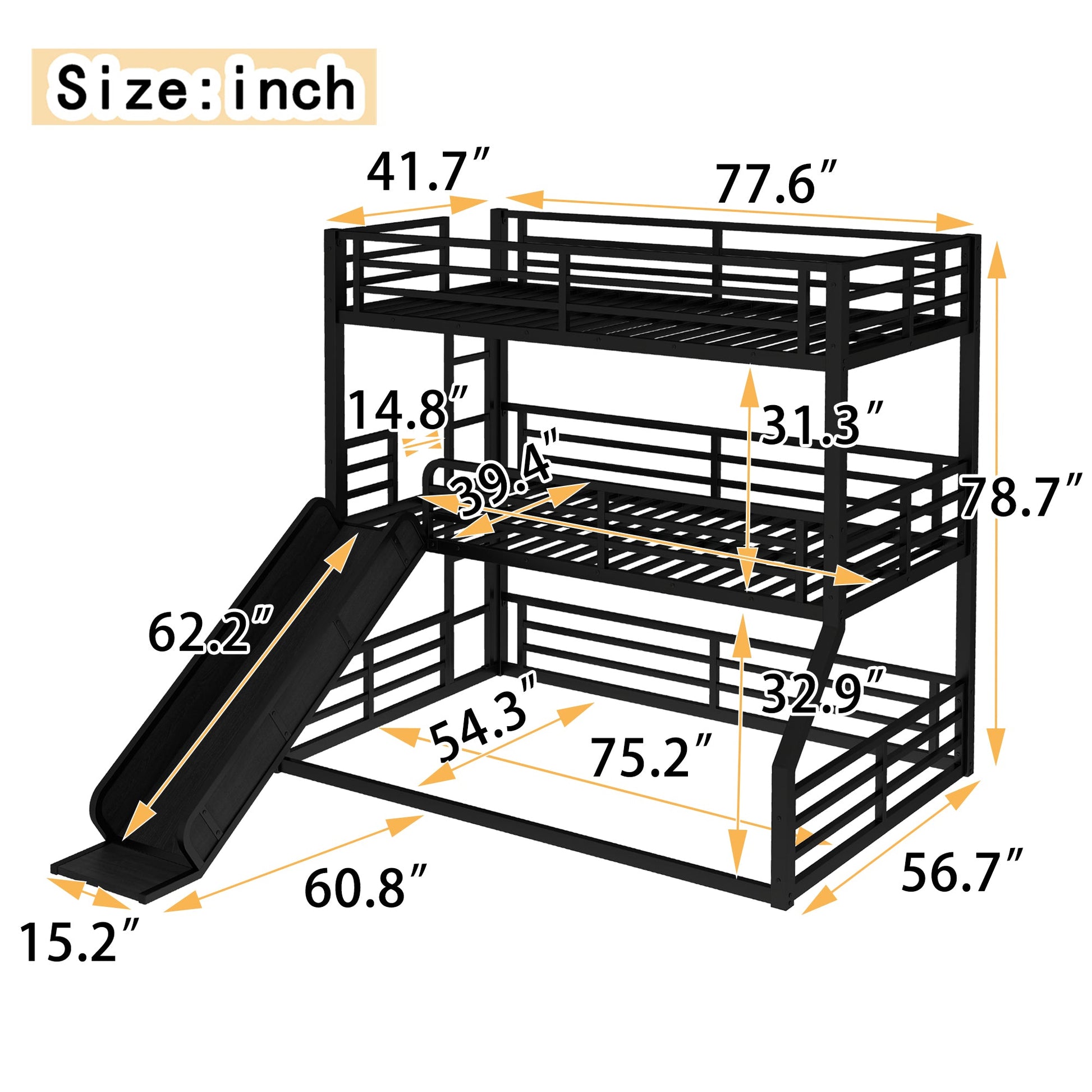 Twin Over Twin Over Full Bunk Bed with Slide in black metal frame by HouseOfZazla on Tampa Home & Garden Store