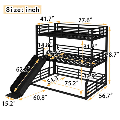 Twin Over Twin Over Full Bunk Bed with Slide in black metal frame by HouseOfZazla on Tampa Home & Garden Store
