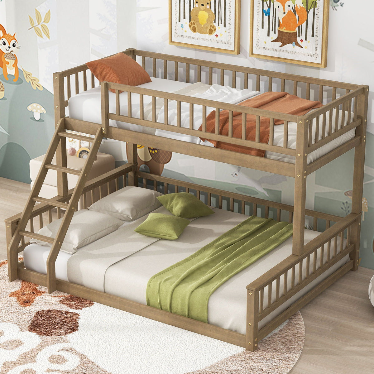 Bunk bed with ladder and guardrails in natural wood finish by HouseOfZazla; two-tier twin beds on Tampa Home & Garden Store
