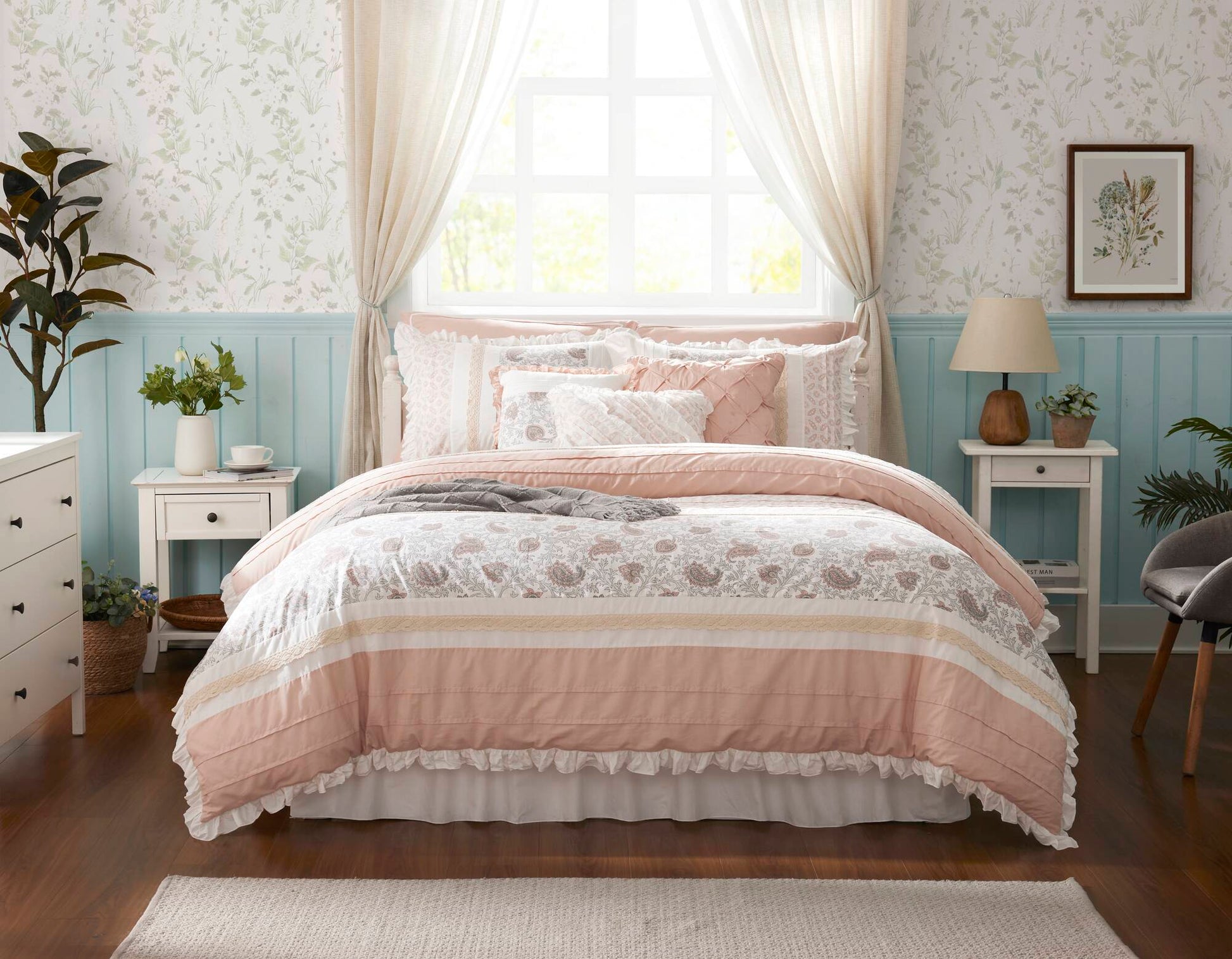 9 Piece Cotton Percale Comforter Set Blush on bed with pink comforter and ruffled edges on Tampa Home & Garden Store