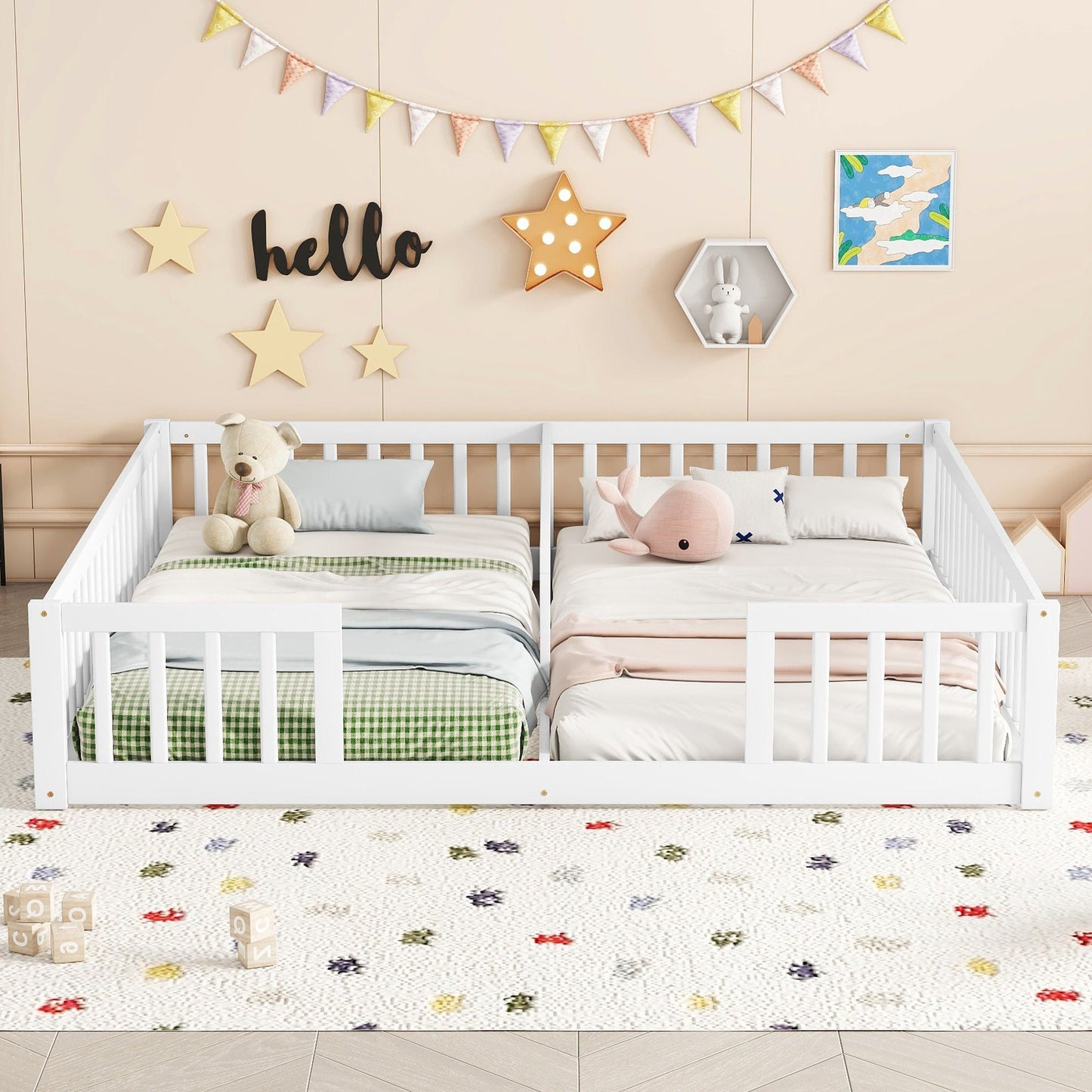 Solid Double Floor Bed With Guardrails and Fence