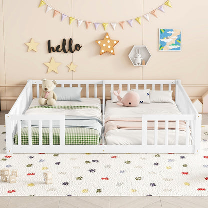 Solid Double Floor Bed With Guardrails and Fence