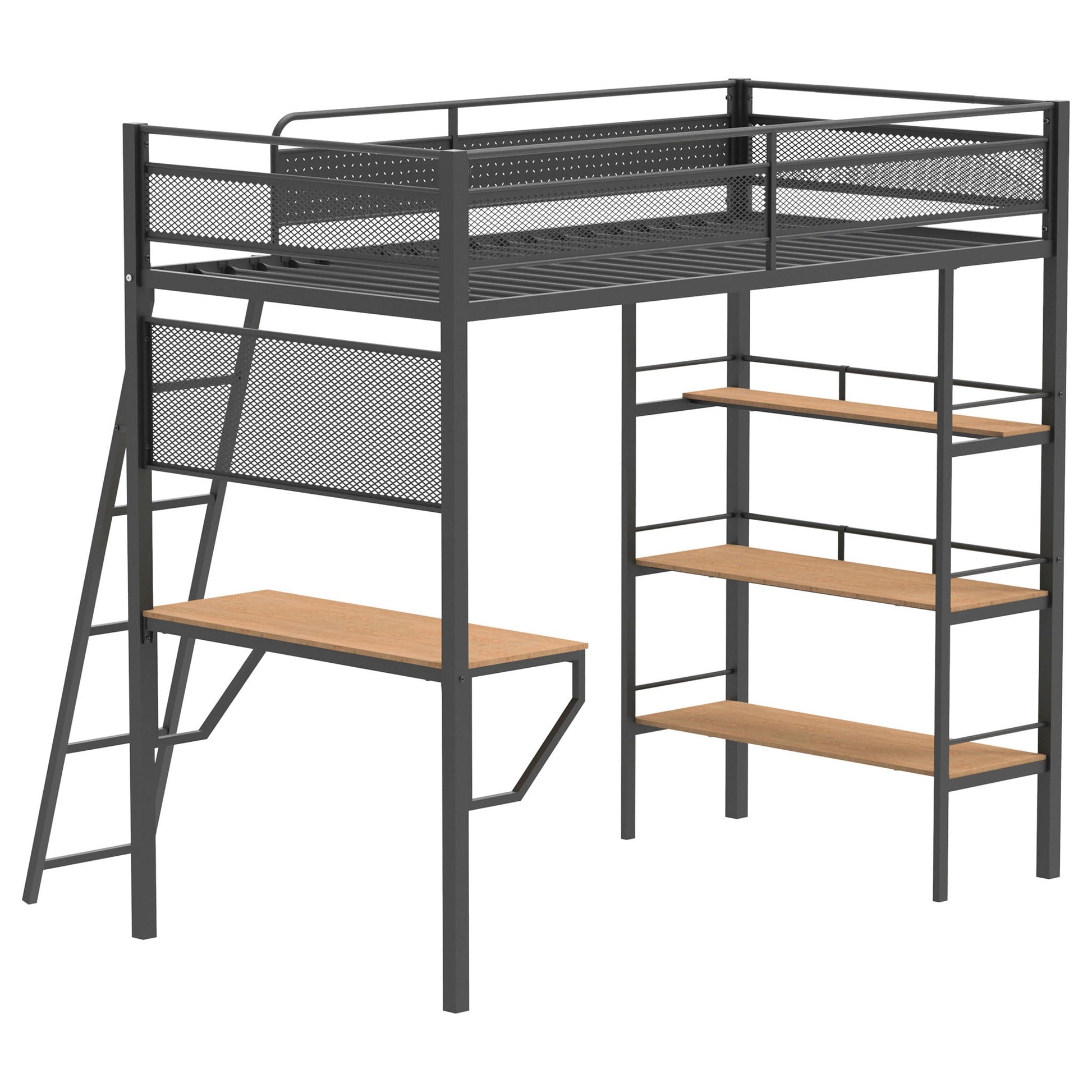 William Twin Loft Bed 3 Shelf With Built In Desk matte black metal frame on Tampa Home & Garden Store