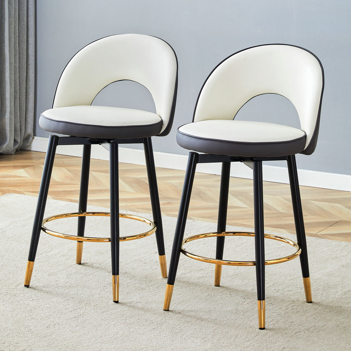 Upholstered rotatable bar chairs with black metal legs, white seats, gold footrests; 2 stools on Tampa Home & Garden Store