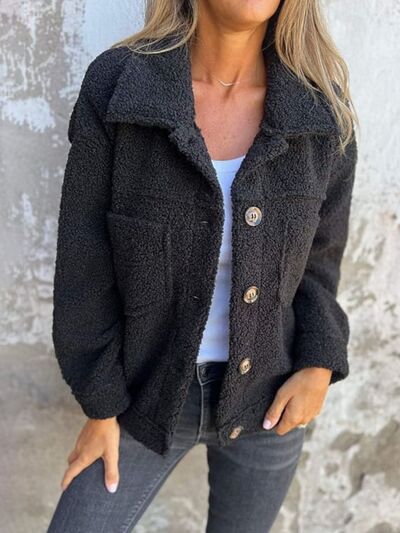 Comfortable Modern Women Fuzzy Button-Up Jacket, black, drop shoulder with pockets by Stevvex on Tampa Home & Garden Store