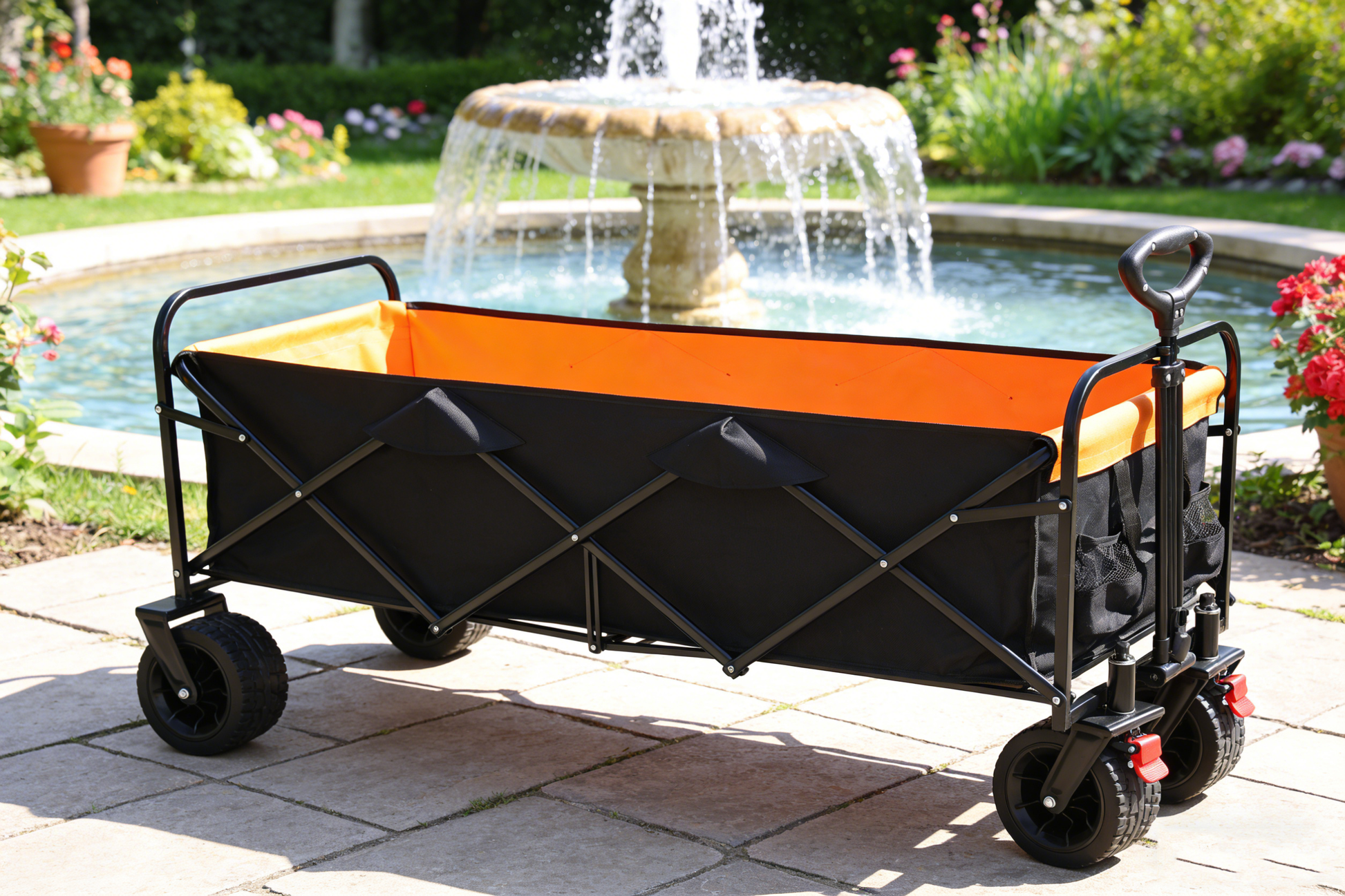 Big Large Capacity Folding Wagon Cart with Extender, black frame orange interior, HouseOfZazla outdoor wagon on Tampa Home & Garden Store