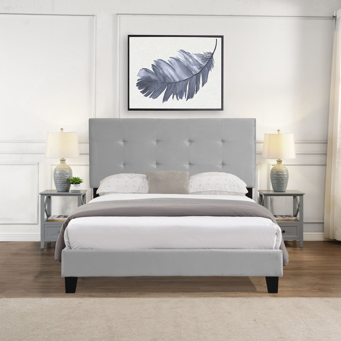 Queen Size Gray Upholstered Platform Bed Frame