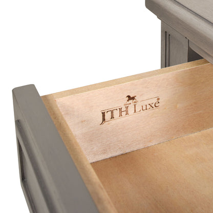 Dauphin 5-drawer Executive Desk gray exterior with light brown interior, JITH Luxe stamp on Tampa Home & Garden Store