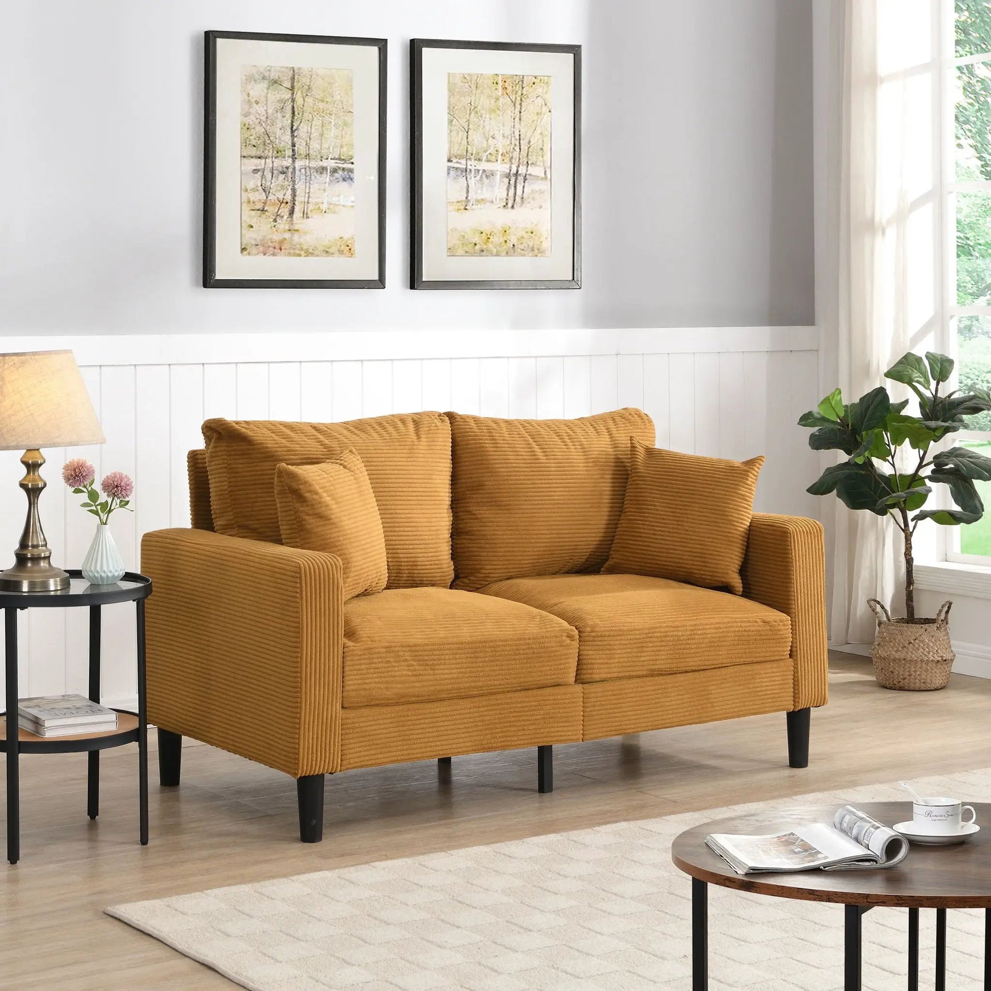 Modern upholstered loveseat in warm tan corduroy with black legs by Unique Piece Furniture on Tampa Home & Garden Store