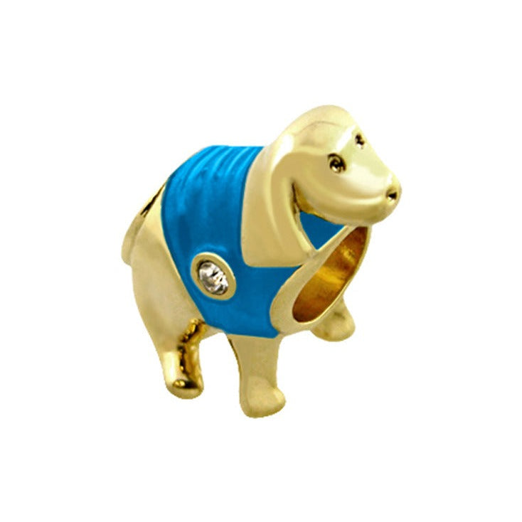 Gabriella Beads dog charm by Lauren G Adams in gold tone with blue vest and rhinestone detail on Tampa Home & Garden Store