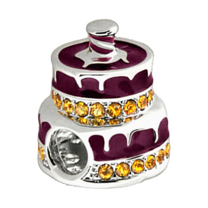 Gabriella Beads Birthday Cake charm pendant purple frosting silver base crystal band on Tampa Home & Garden Store
