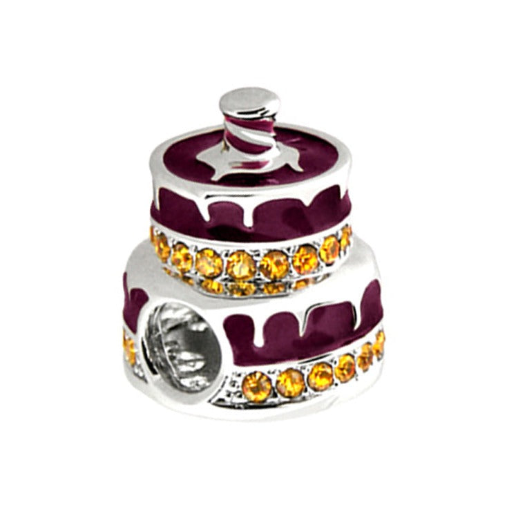 Gabriella Beads Birthday Cake charm with purple enamel, gold crystals and silver setting on Tampa Home & Garden Store