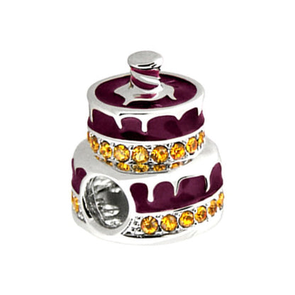 Gabriella Beads Birthday Cake charm with purple enamel, gold crystals and silver setting on Tampa Home & Garden Store