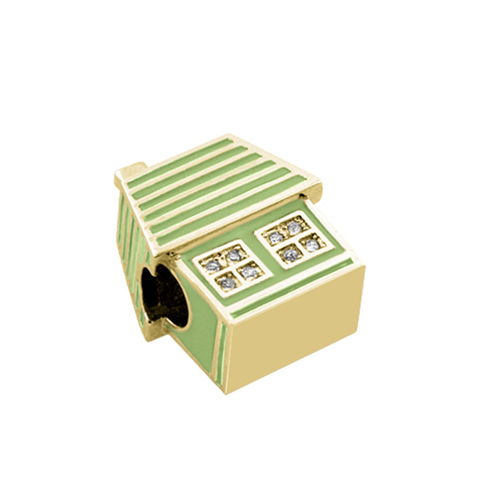 Gabriella Beads House charm gold-tone with green enamel stripes and crystal window accents on Tampa Home & Garden Store